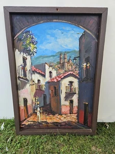 Spanisches Ölgemälde eines Dorfes 1 5/8" Höhe x 17,5" Breite x 25" Länge mehrfarbig signiert - Bild 1 von 14
