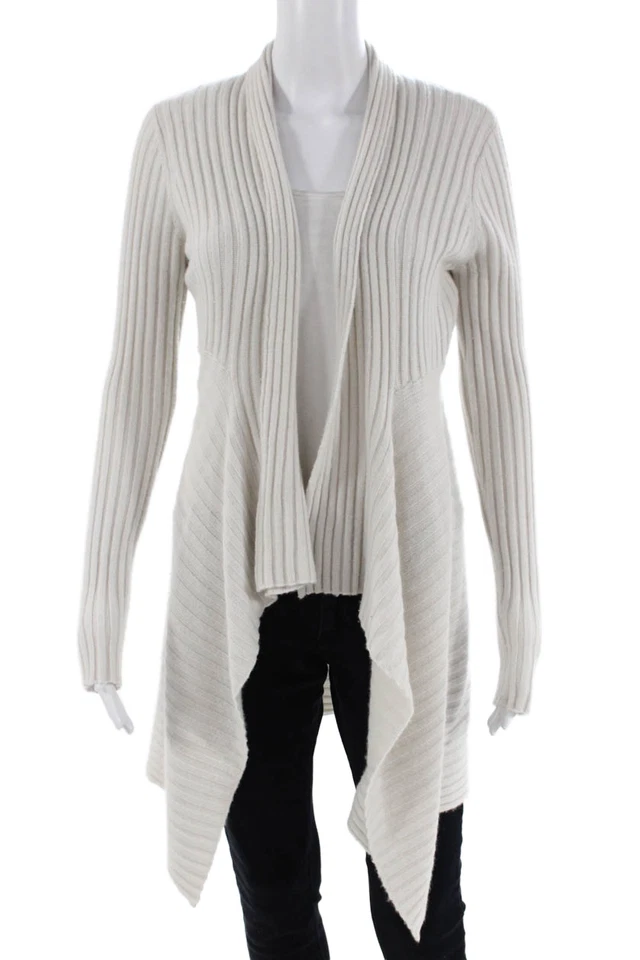 Cárdigan suéter tejido acanalado frente abierto otoño cachemir para mujer blanco talla pequeña Foto 1 de 4