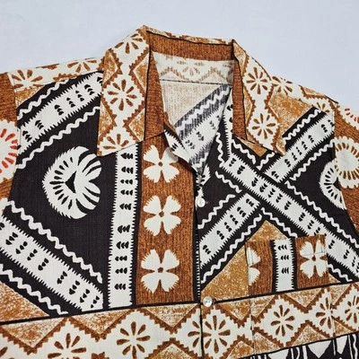 复古 70 年代夏威夷衬衫男式 M Tiki 中世纪树皮布几何阿罗哈营地 — 第 1/4 张图片