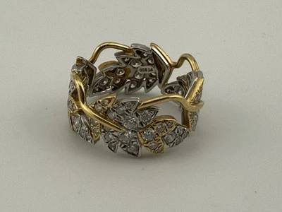 $15000 Tiffany Co 18K Gold Platinum Pave Diamond Schlumberger 4 Leaves Ring Band - Image 1 of 4
