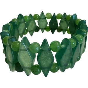 Stretch Green Jade Genuine Bead Flex Bracelet Geometric - Picture 1 of 13