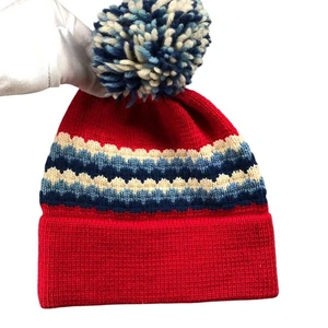 Vintage 70s 100% Wool Beanie Hat Red Blue Pom Pom One Size Mens Womens - Picture 1 of 7