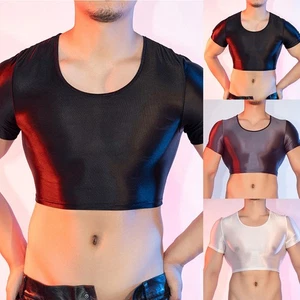 Men's Glossy See Through Tee Smooth Fabric Short Sleeve Top for Night Wear - Picture 1 of 38