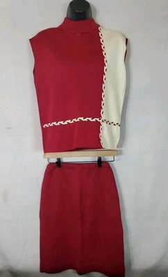 Falda y Top Vintage Años 60 70 2 Piezas Borgoña/Marfil Sin Mangas Trenzado ILGWU Foto 1 de 4