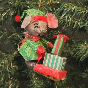 Vintage Christmas Ornament Paper Mache Mouse With Gifts Folk Art - Picture 1 of 11