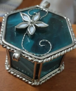 Turquoise Stained Glass Trinket Jewelry Box w/ Flower * 3.5"x2.5" - Picture 1 of 6