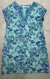 Vineyard Vines Blue Linen Cotton Cordia Floral Bird Embroidered Tunic Dress Sz 4 - Picture 1 of 4