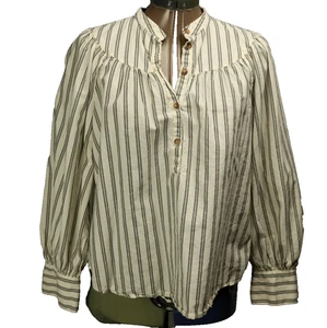 Old Navy 100% Cotton Stripe Shirt Long Balloon Sleeve 1/2 Button Cottage White S - Picture 1 of 21