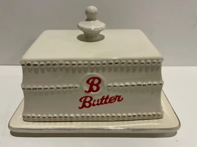 Signature Housewares Word Collection Butter Dish w/Lid Cream Red B Lettering - Image 1 of 4