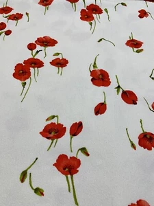 Vintage Y2K Stretch Denim Floral Fabric Spandex White Red Poppies Flowers 2 Yard - Picture 1 of 13