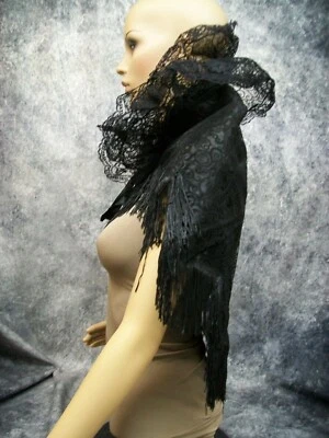 Black Shawl w/ Lace & Fringe Cape Halloween Witch Gothic Vampire Mistress Madame - Image 1 of 4