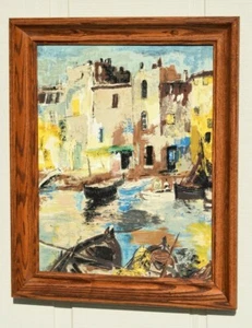 SPANISH HARBOR SAILBOATS PAINTING 1985 EXHIBITION TAG ABSTRACT EXPRESSIONISM - Picture 1 of 9