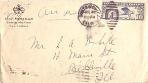 California Santa Monica 1928 numeral duplex 10c Lindbergh Airmail Illustrated - Picture 1 of 1