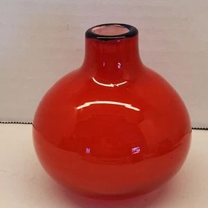 Art Glass Vase Cased Red Handblown 4" Tall Cobalt Rim - Picture 1 of 4