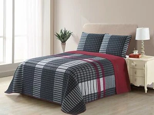 Burgundy Black Gray Plaid 3 pc Quilt Set Bedspread Twin Full Queen King Bedding - Picture 1 of 6