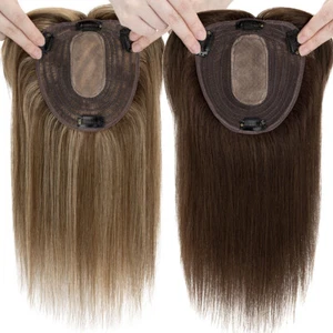 100% Real Remy Human Hair Women Topper Clip In Middle Part Silk Base Hairpiece - Picture 1 of 47