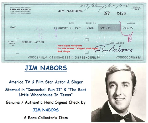 JIM NABORS  ACTOR and SINGER CANNONBALL RUN   1973 SIGNED BANK CHEQUE RARE ITEM Cover