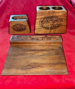 Vintage Lasercraft Engraved Wooden Desk Set 3 Duck Design 1988 - Picture 1 of 15