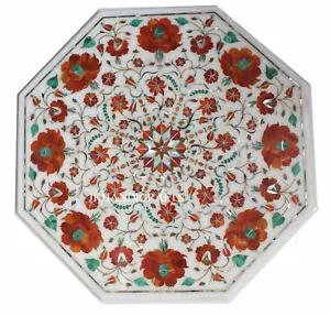18" Marble Stunning Table Top Pietra Dura Carnelian Marquetry Inlaid Work Table - Picture 1 of 3