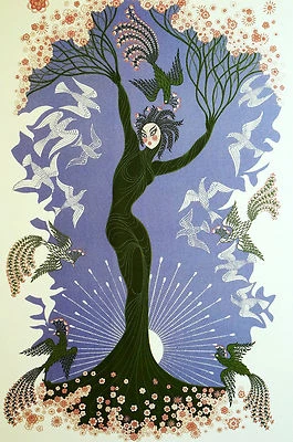 Erte 1982 SEASONS Spring Flowers Gardens Birds Sun Art Deco Fashion Print Matted - Image 1 of 4