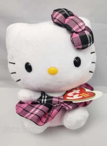 6" Ty Beanie Babies Sanrio Hello Kitty Rosa Negro a Cuadros Vestido Moño Peluche Muñeca - Imagen 1 de 1