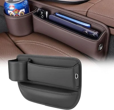 2Pack Car Seat Gap Storage Boxs PU Leather Organizers with Cup Holder Black - Image 1 of 4
