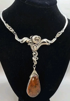 Collar Gargantilla Ámbar Estilo Art Nouveau Plata de Ley 925 Firmado MG GRAN REGALO Foto 1 de 4