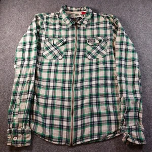 Superdry Mens Plaid Flannel Shirt L Green White Long Sleeve Full Zip Up - Picture 1 of 8