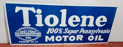 Tiolene Motor Oil Porcelain Enamel Sign 36 x 15 Inches 1 Sided - Image 1 of 4