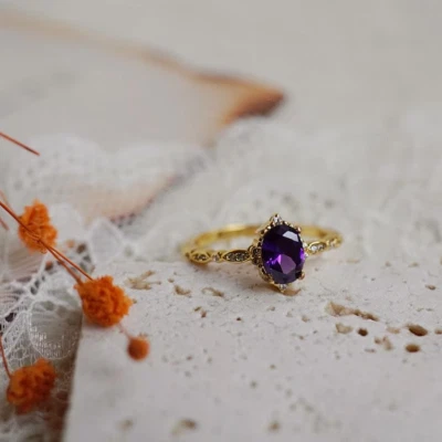 Vintage Oval Cut Natural Amethyst 14K Yellow Gold Plated Silver Engagement Ring - Image 1 of 3