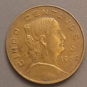 1969 Mo Mexico 5 Centavos Coin - Brass - Josefa Ortiz de Dominguez - Picture 1 of 2