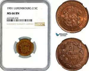 AK370, Luxembourg, Adolphe, 2 1/2 Centimes 1901, Brussels Mint, NGC MS66BN, Pop - Picture 1 of 1