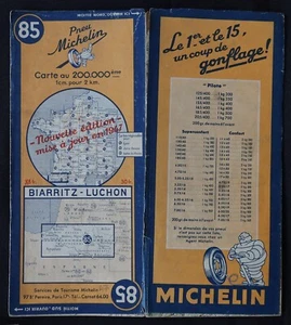 Tarjeta MICHELIN 85 BIARRITZ LUCHON 1947 Guía Bibendum neumáticos mapa - Imagen 1 de 1