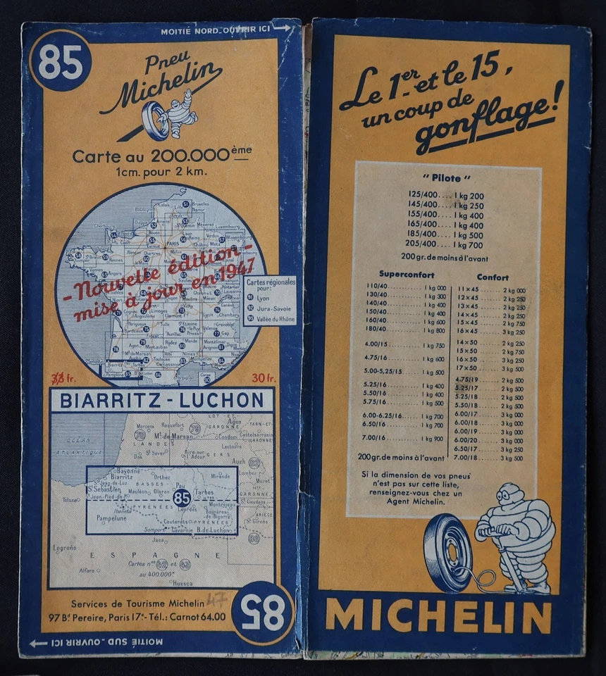 Tarjeta MICHELIN 85 BIARRITZ LUCHON 1947 Guía Bibendum neumáticos mapa - Imagen 1 de 1