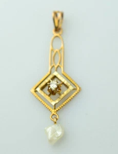 VINTAGE 10K YELLOW GOLD ART DECO DIAMOND & BAROQUE PEARL LAVALIERE PENDANT - Picture 1 of 4
