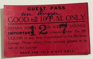 Moana Hotel Waikiki Beach Oahu Hawaii - Dec 7 Military Blackout Lounge Ticket - Picture 1 of 2