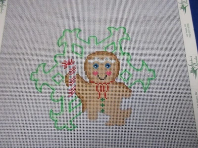 Handpainted Needlepoint Canvas Gingerbread Man w/ Candy Cane in Snowflake - Image 1 of 2