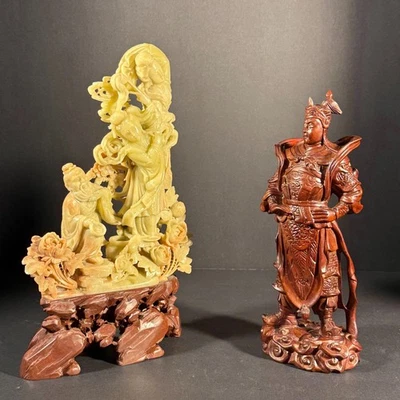 Pair Chinese Carved Gemstone Warrior Statues w/ Hardwood Bases Signed Marked - Image 1 of 4