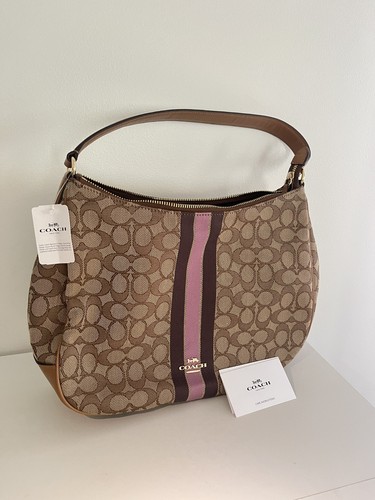 COACH F17434 KHAKI WHITE SIGNATURE STRIPE HOBO BAG | eBay