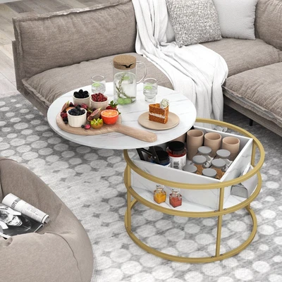 Table Basse À Plateau Relevable Table D'Appoint Ronde De 80 Cm Étagères Blanche - Photo 1/4