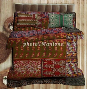 Indian Handmade Kantha Quilt Floral Blanket Hippie Throw King Size Bedspread - Picture 1 of 7
