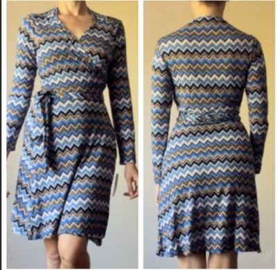 NWT Loveappella Soft Stretch Chevron True Wrap Knee Length Dress Blue Orange M - Image 1 of 4
