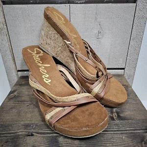 Skecher's Women's Size 10 - Brown Strappy Cork Wedge Heels 38331 - Picture 1 of 9