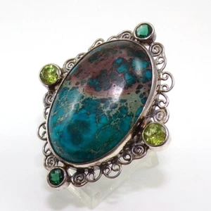 Declaración Anillo Pergamino Peridoto Turquesa Azul Plata Esterlina 13.5g Talla 10 FZ2 - Imagen 1 de 4