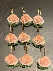 SET OF 9 Ceramic Pink Roses Show Curtain Hooks - Picture 1 of 5