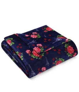 Betsey Johnson Full/Queen Size Blanket French Floral Blue/Pink Plush Fleece NWT - Picture 1 of 4
