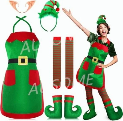 Christmas Lady Helper Santa Elf Costume Apron Hat Shoes Covers Socks Cosplay AU - image 1 of 4