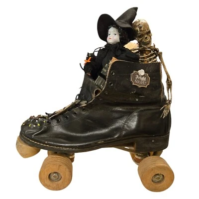 Halloween Witch Sculpture Skeleton  Roller Skate Black Cat Spider Assemblage - Image 1 of 4
