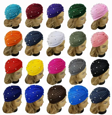 Chapéu boné indiano plissado quimio feminino turbante elástico cabeça envoltório contas de pérolas - Imagem 1 de 4