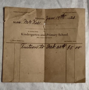 Vtg 1920 Billhead Receipt Houston Texas School RARE Tuition Kindergarten Primary - Picture 1 of 2